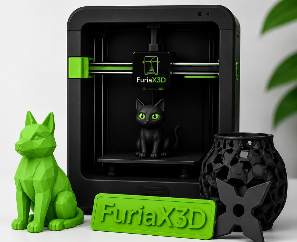 Impressora 3D FuriaX3D com peças impressas